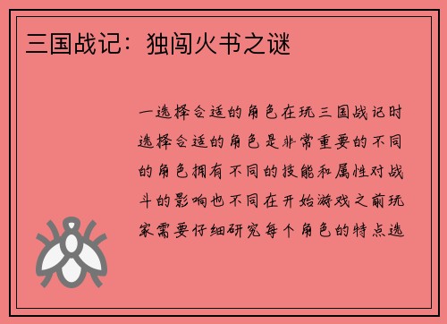 三国战记：独闯火书之谜